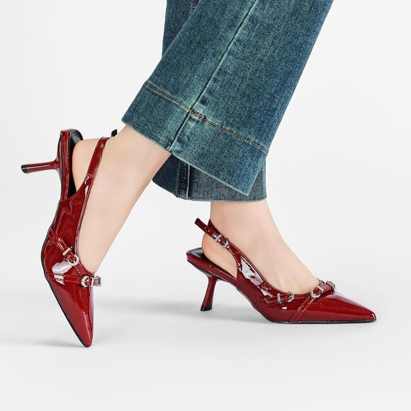 Kitten Heels for Women Strap Pointed Toe Slingback Pumps Wedding Party Shoes - Picture 7 of 7